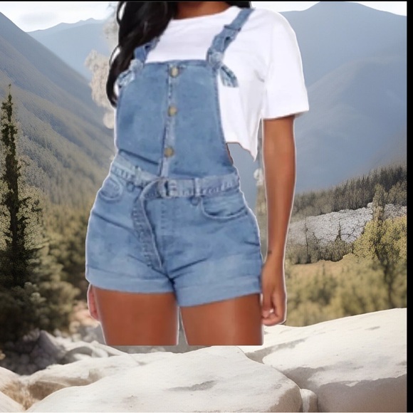 90’s Style Trend Stone Wash Style Button High Waist Overalls Demin Jumper Shorts - Picture 12 of 16
